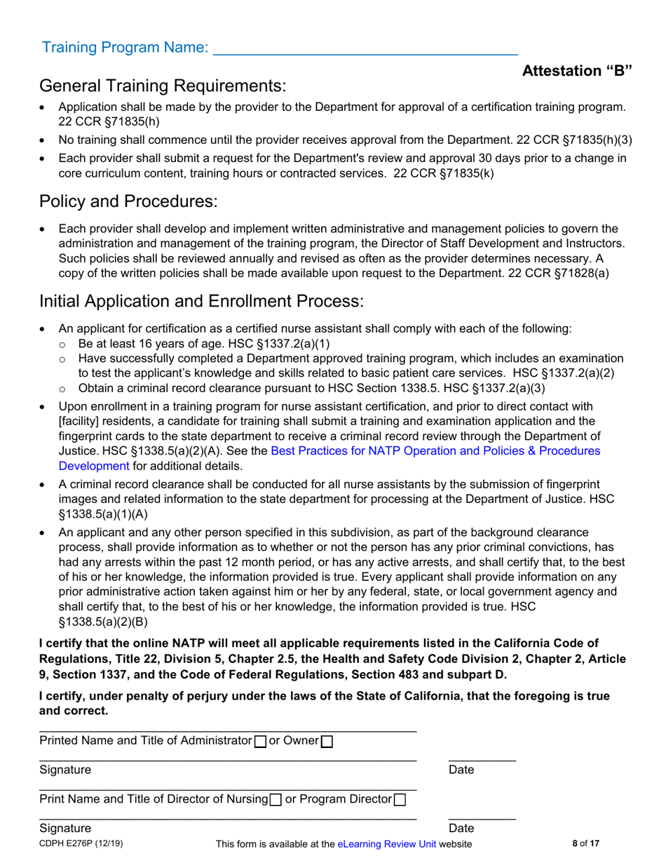 Form CDPH E276P Online Nurse Assistant Training Program Sample Policies and Procedures - California, Page 8