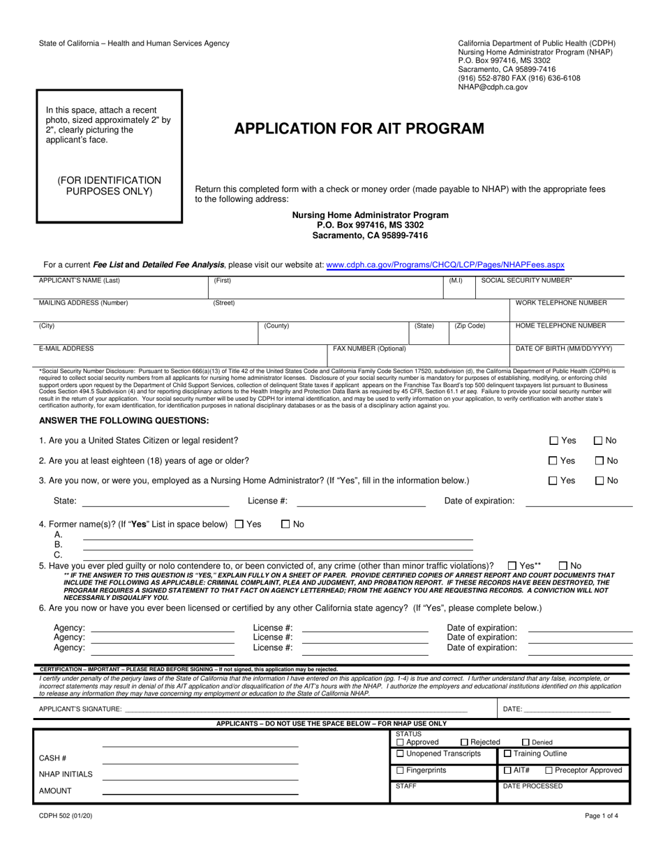 Form CDPH502 Application for Ait Program - California, Page 1