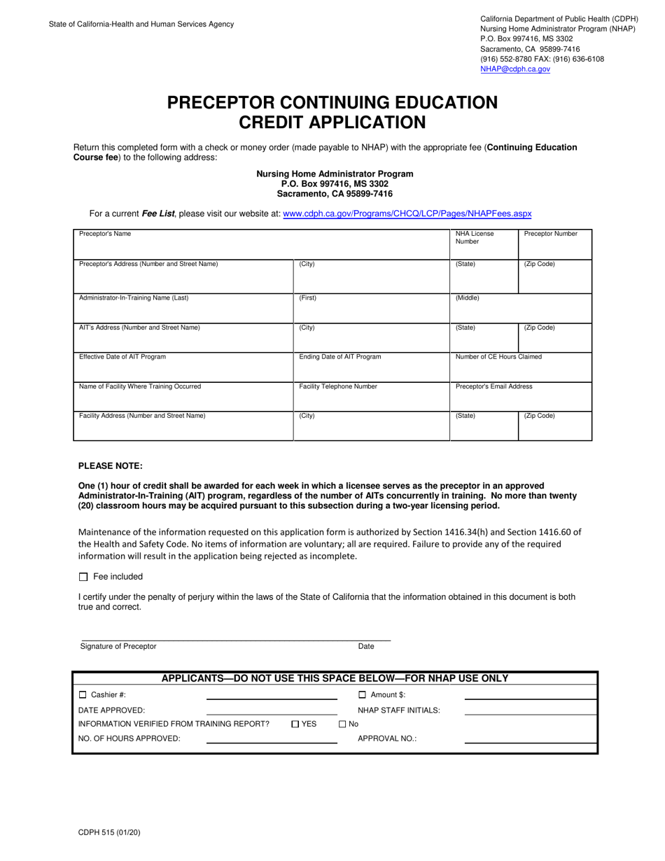 Form CDPH515 Preceptor Continuing Education Credit Application - California, Page 1
