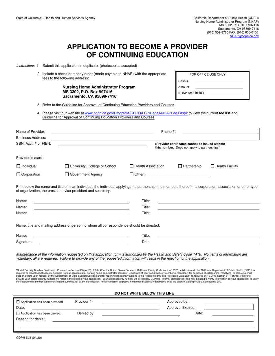 Form CDPH508 Application to Become a Provider of Continuing Education - California, Page 1