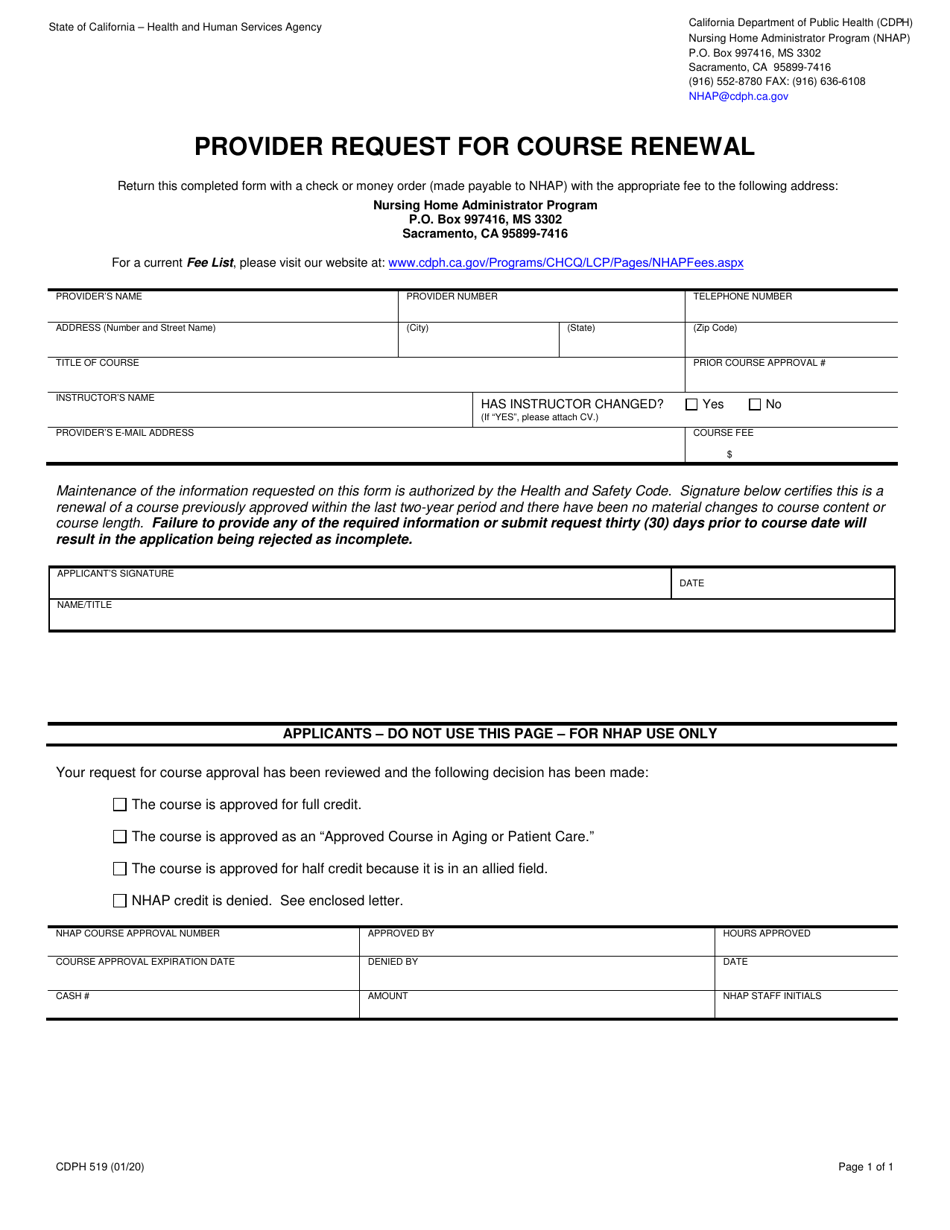 Form CDPH519 Provider Request for Course Renewal - California, Page 1