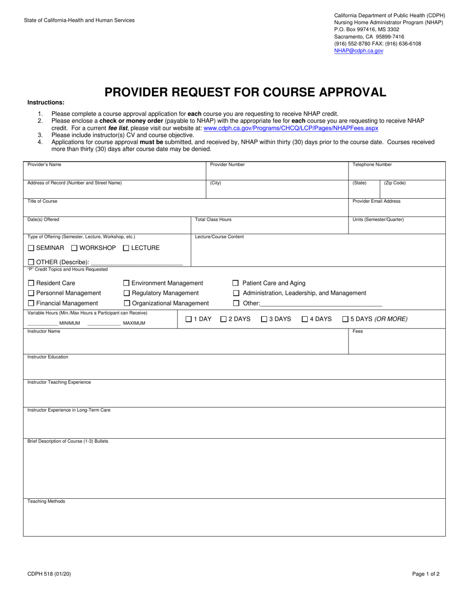 Form CDPH518 Provider Request for Course Approval - California, Page 1