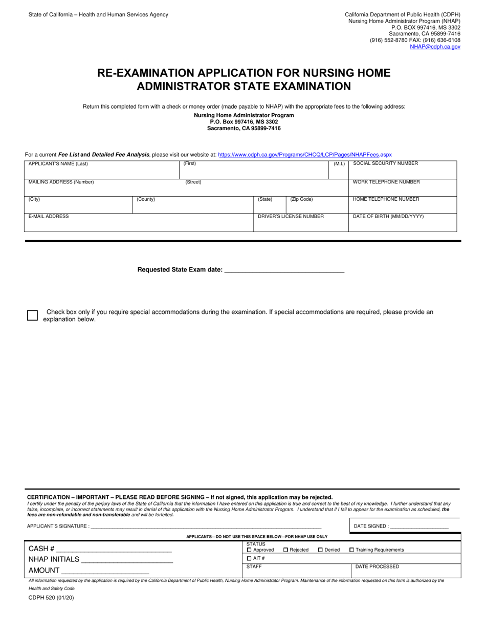 Form CDPH520 Re-examination Application for Nursing Home Administrator State Examination - California, Page 1