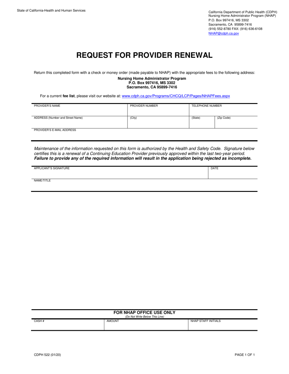 Form CDPH522 Request for Provider Renewal - California, Page 1