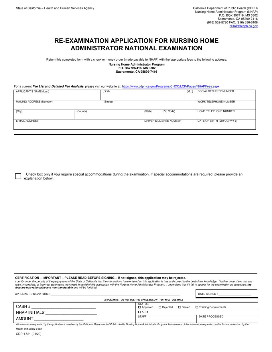 Form CDPH521 Re-examination Application for Nursing Home Administrator National Examination - California, Page 1