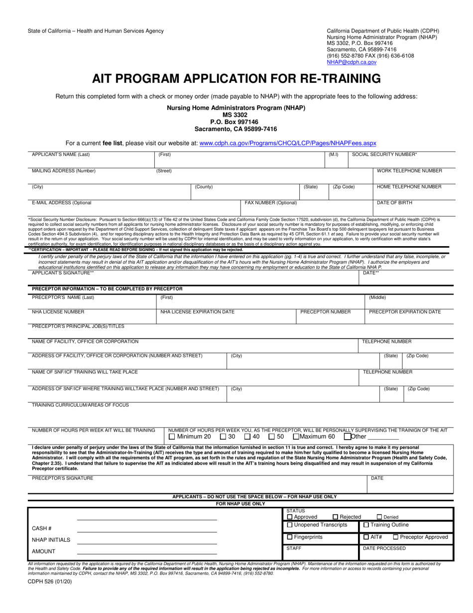Form CDPH526 Ait Program Application for Re-training - California, Page 1