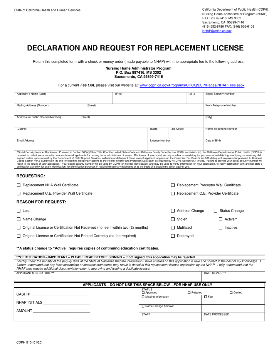 Form CDPH510 Download Fillable PDF or Fill Online Declaration and Request for Replacement