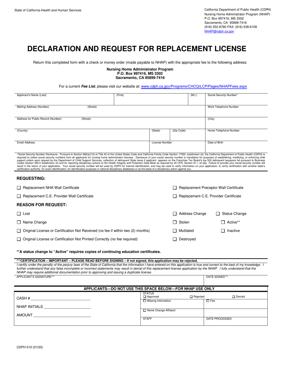 Form CDPH510 Declaration and Request for Replacement License - California, Page 1