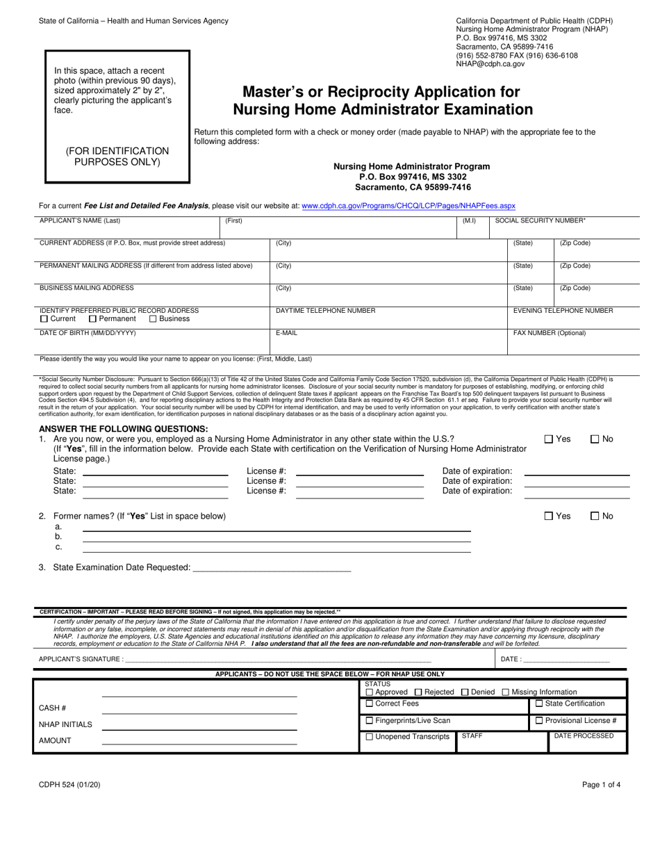 Form CDPH524 Download Fillable PDF or Fill Online Master's or Reciprocity  Application for Nursing Home Administrator Examination California |  Templateroller