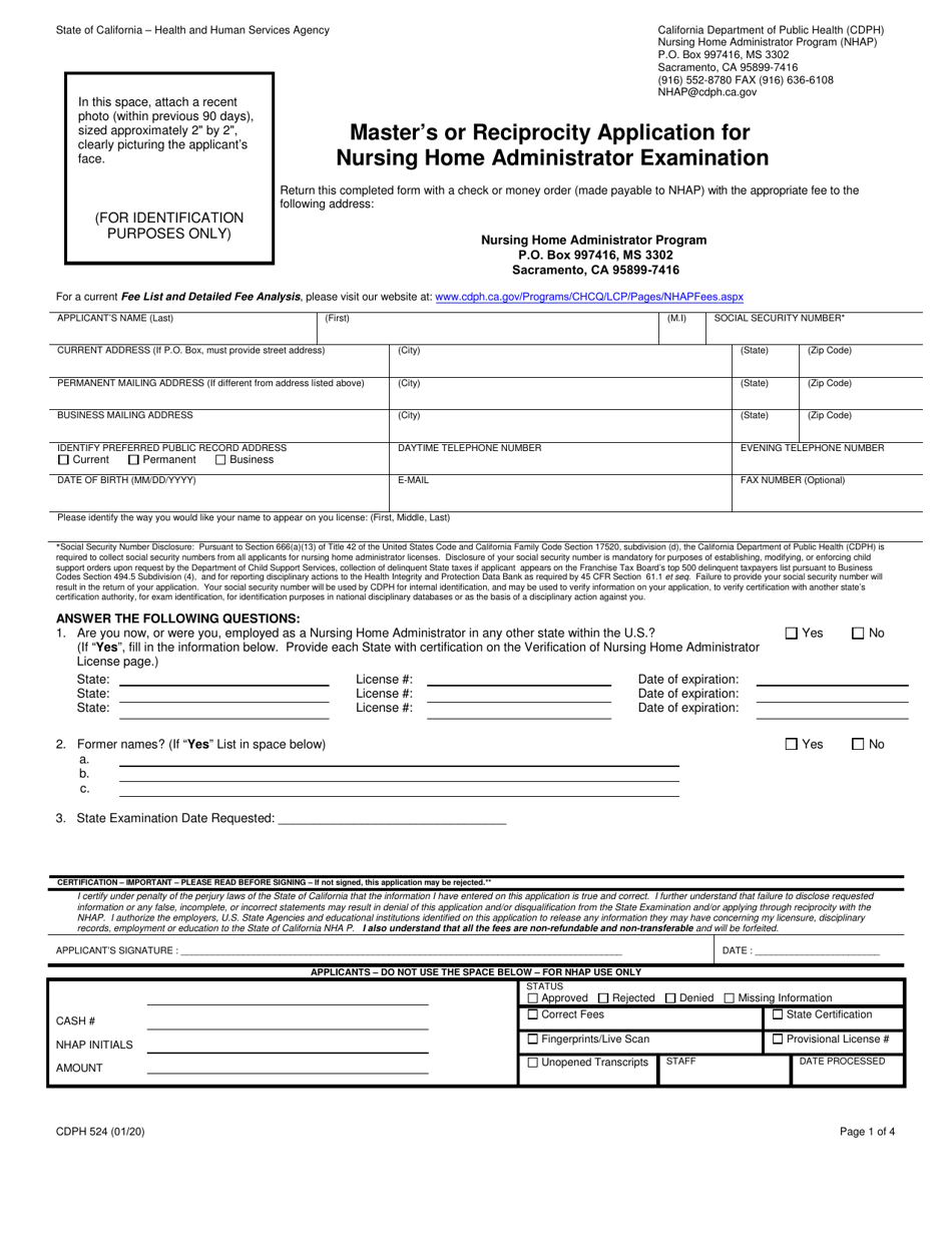 Form CDPH524 Masters or Reciprocity Application for Nursing Home Administrator Examination - California, Page 1