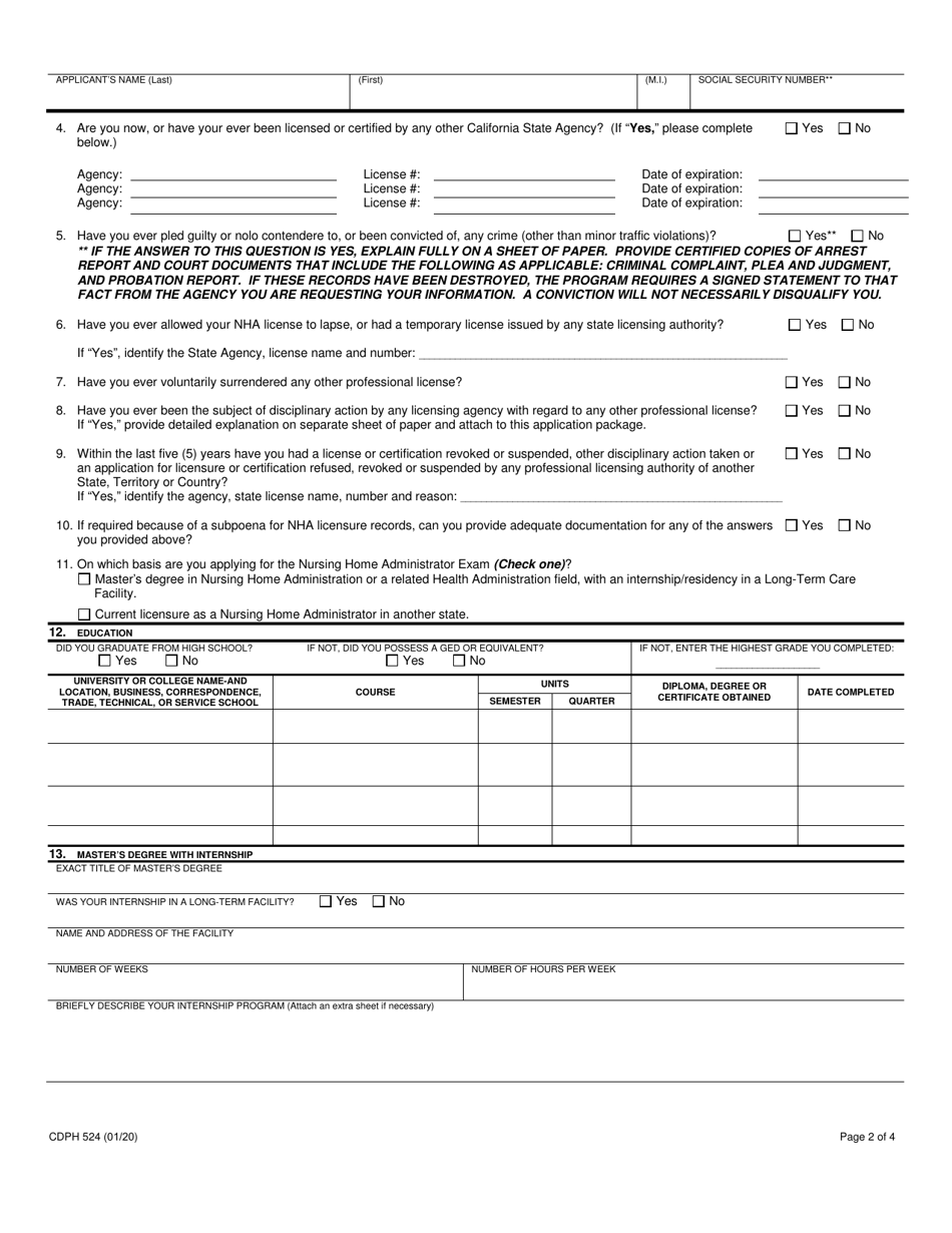 Form CDPH524 Masters or Reciprocity Application for Nursing Home Administrator Examination - California, Page 2