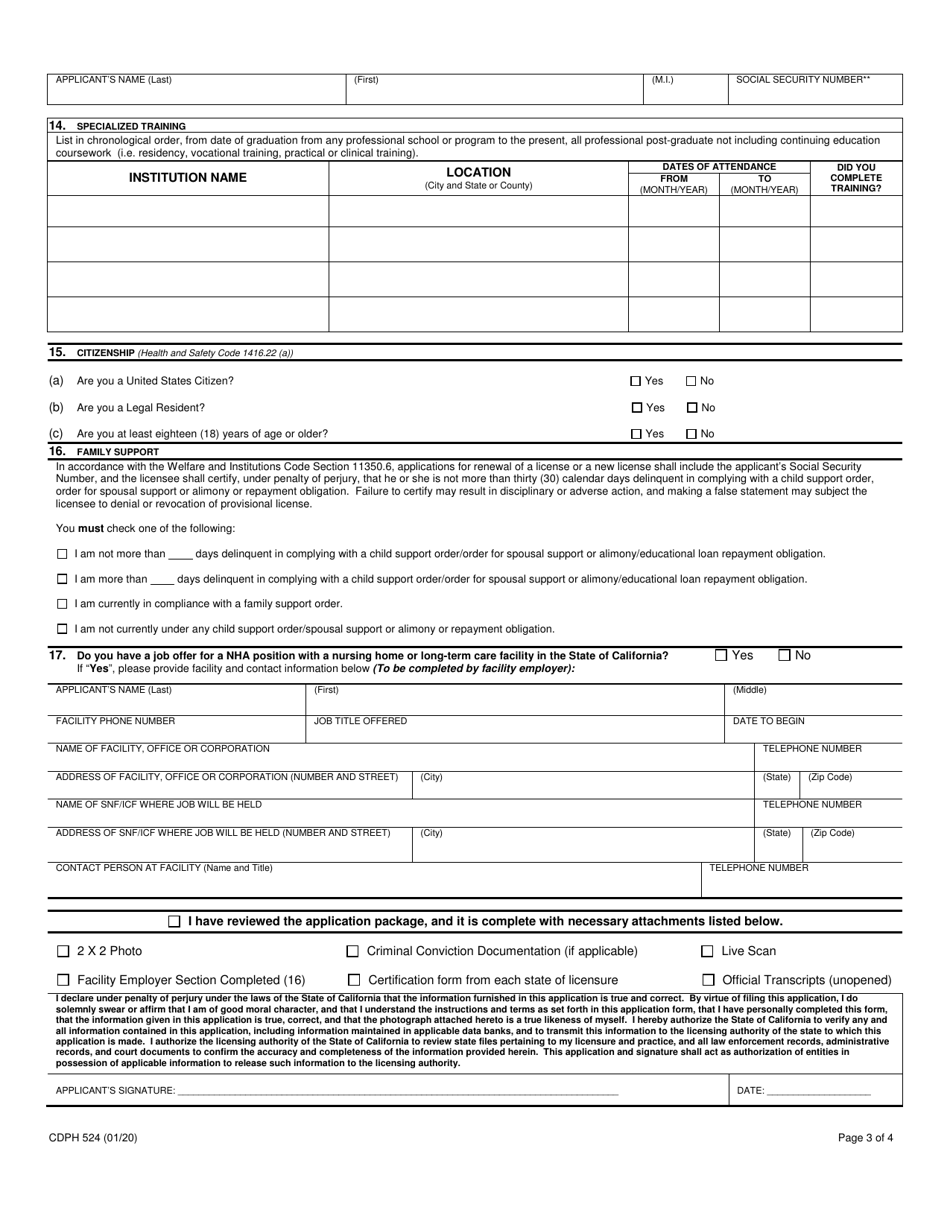 Form CDPH524 Masters or Reciprocity Application for Nursing Home Administrator Examination - California, Page 3