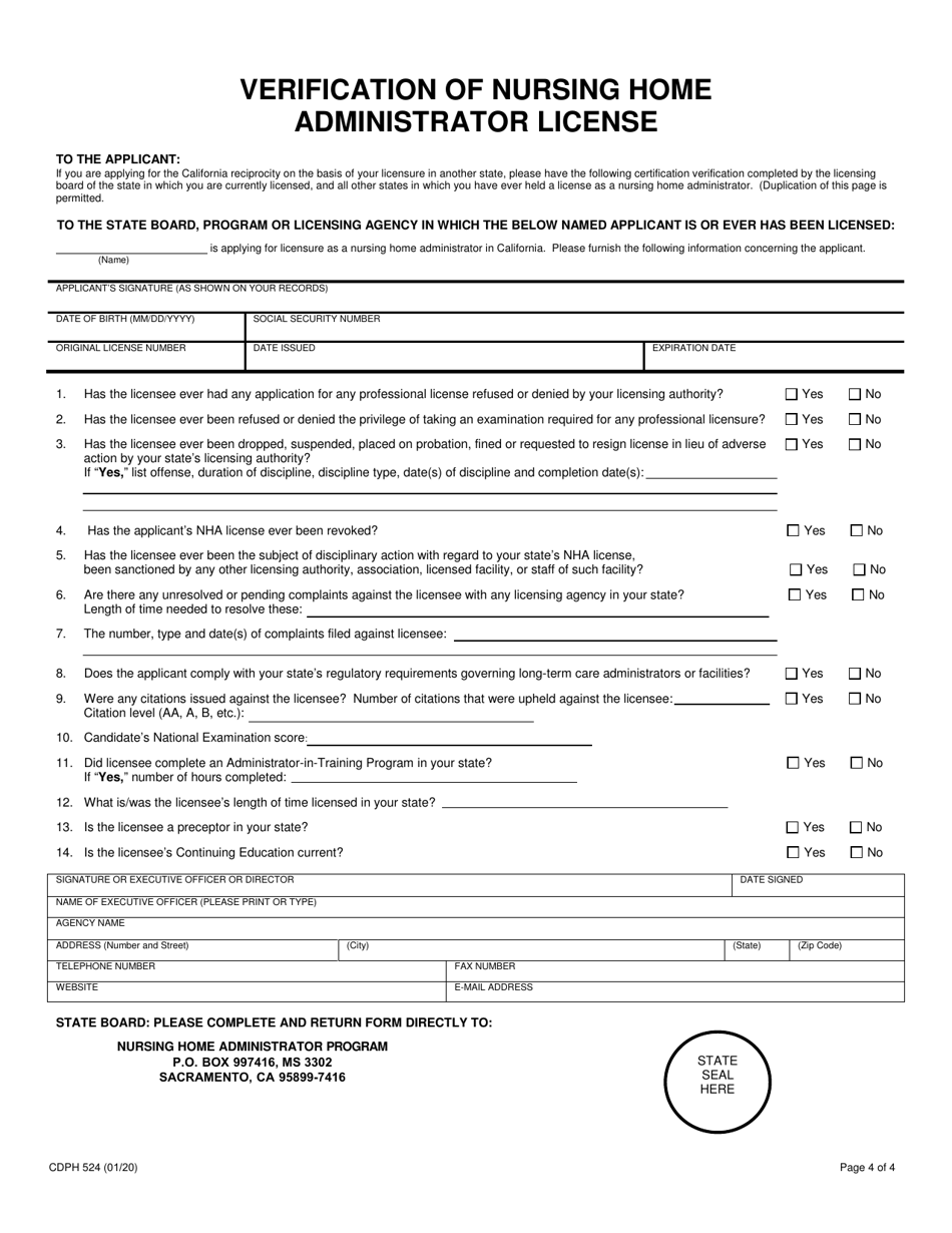 Form CDPH524 Masters or Reciprocity Application for Nursing Home Administrator Examination - California, Page 4