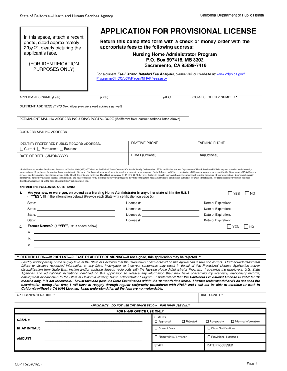 Form CDPH525 Download Fillable PDF Or Fill Online Application For   Form Cdph525 Application For Provisional License California Print Big 