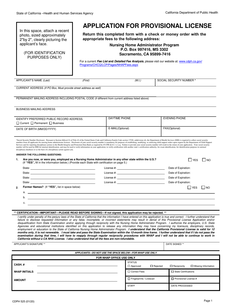 Form CDPH525 Application for Provisional License - California, Page 1