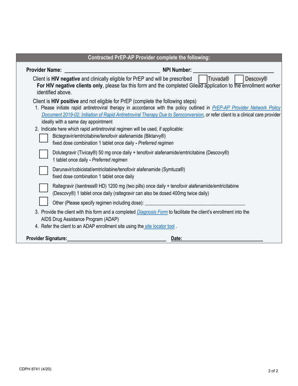 Form CDPH8741 The Provider Referral Form for Insured Clients - Pre-exposure Prophylaxis Assistance Program (Prep-Ap) - California, Page 2