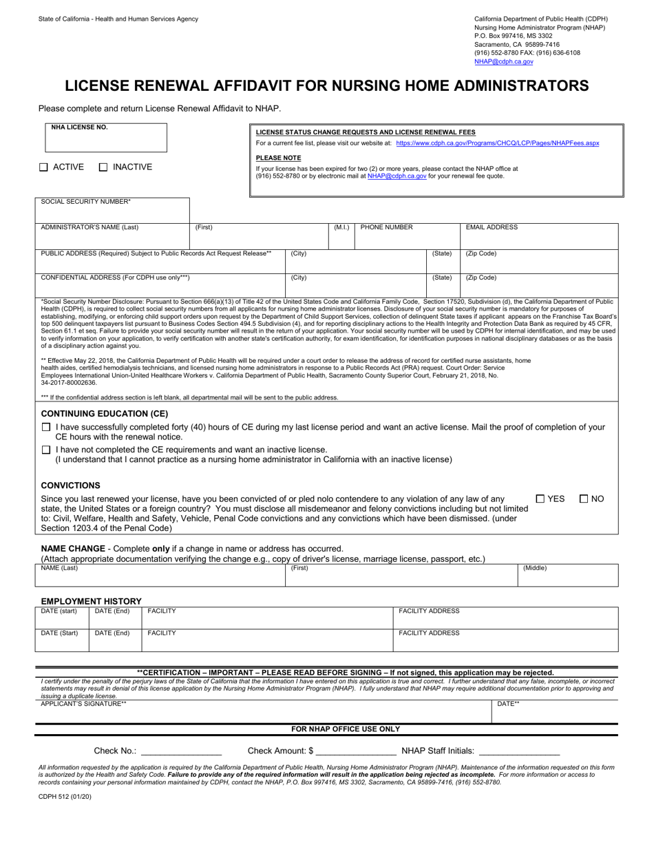 Form CDPH512 License Renewal Affidavit for Nursing Home Administrators - California, Page 1