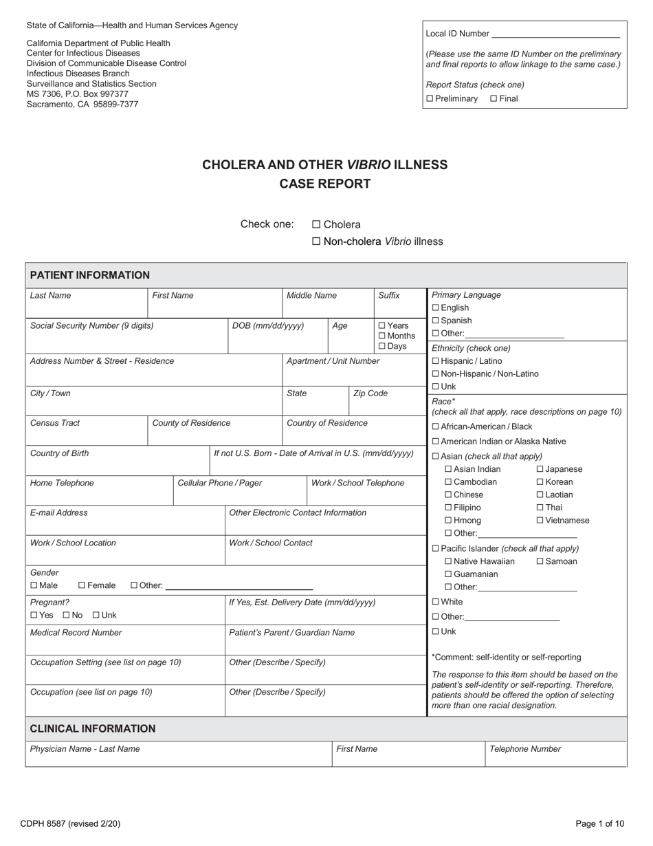 Form CDPH8587 cholera and Other Vibrio Illness Case Report - California, Page 1