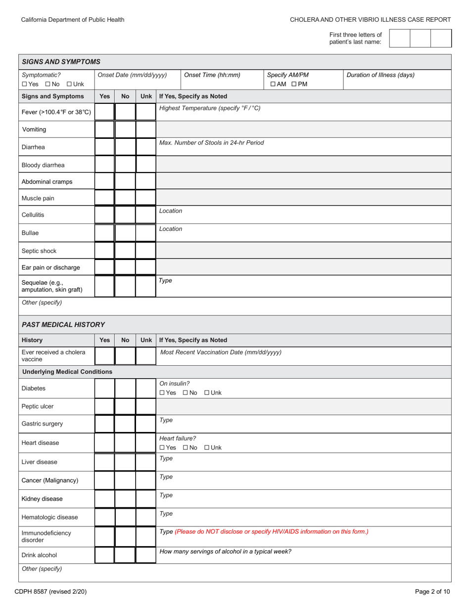 Form CDPH8587 cholera and Other Vibrio Illness Case Report - California, Page 2