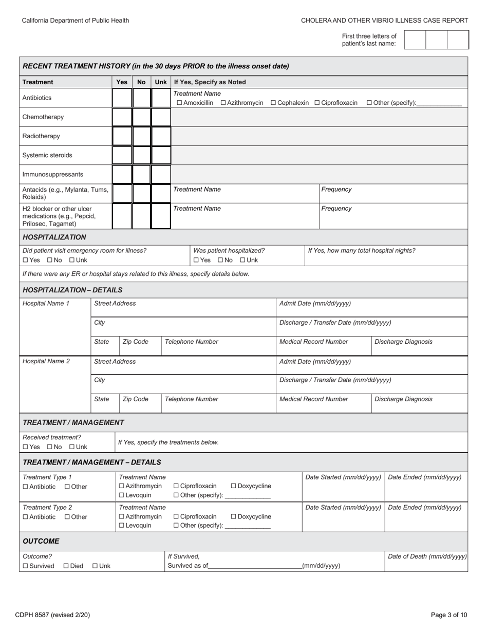 Form CDPH8587 cholera and Other Vibrio Illness Case Report - California, Page 3