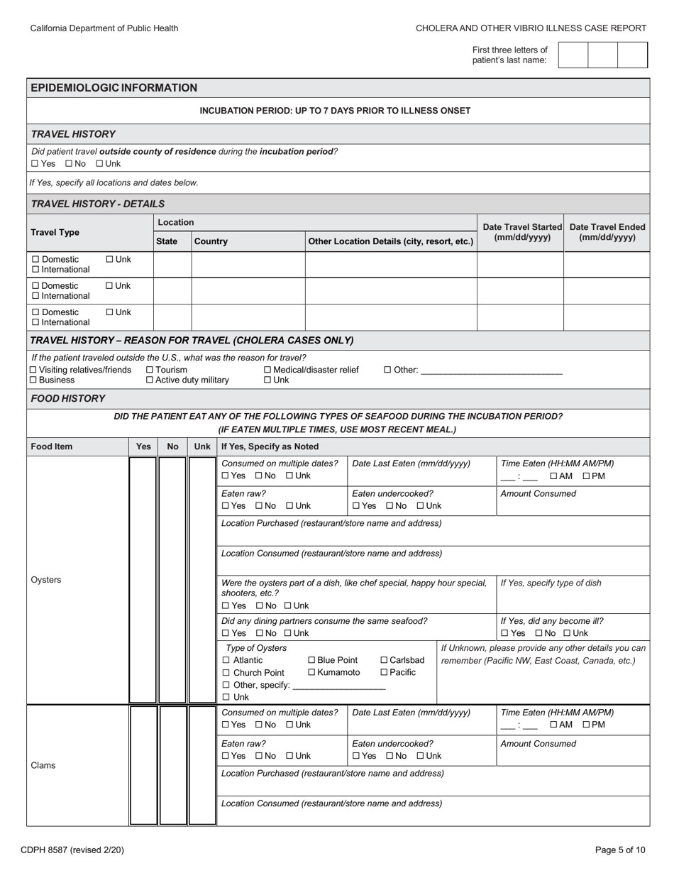 Form CDPH8587 cholera and Other Vibrio Illness Case Report - California, Page 5
