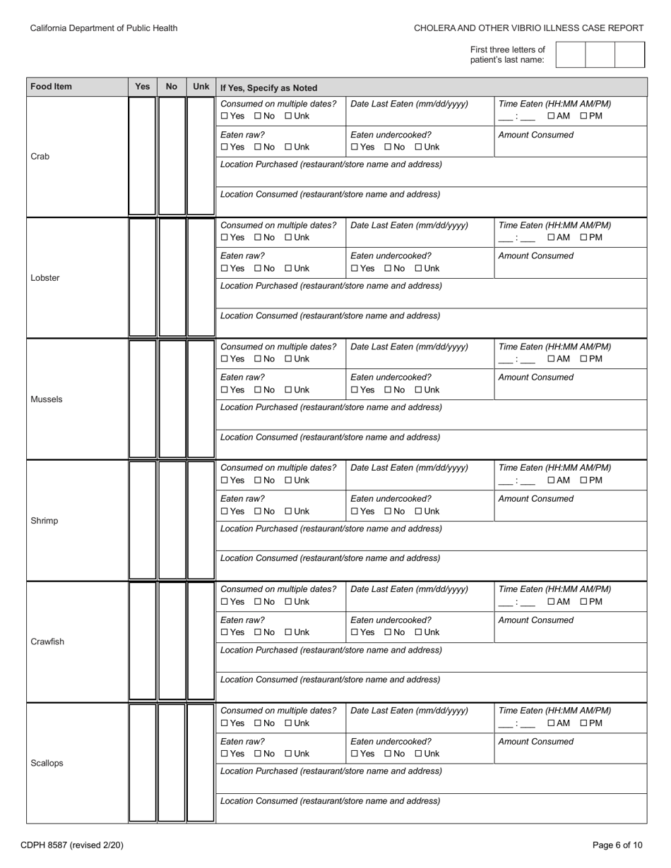 Form CDPH8587 cholera and Other Vibrio Illness Case Report - California, Page 6