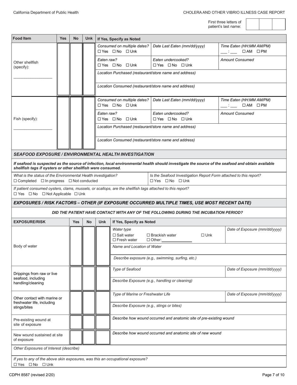 Form CDPH8587 cholera and Other Vibrio Illness Case Report - California, Page 7