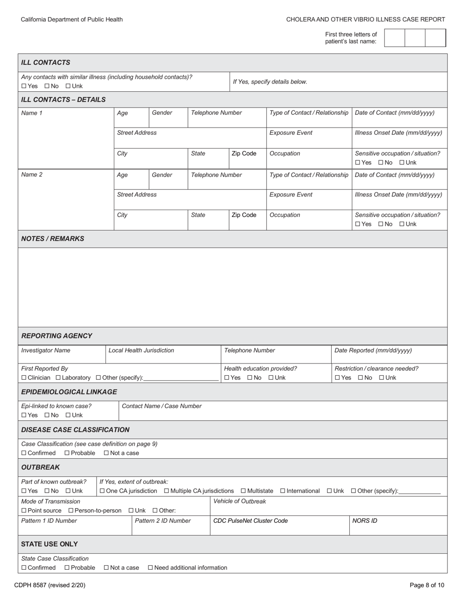 Form CDPH8587 cholera and Other Vibrio Illness Case Report - California, Page 8