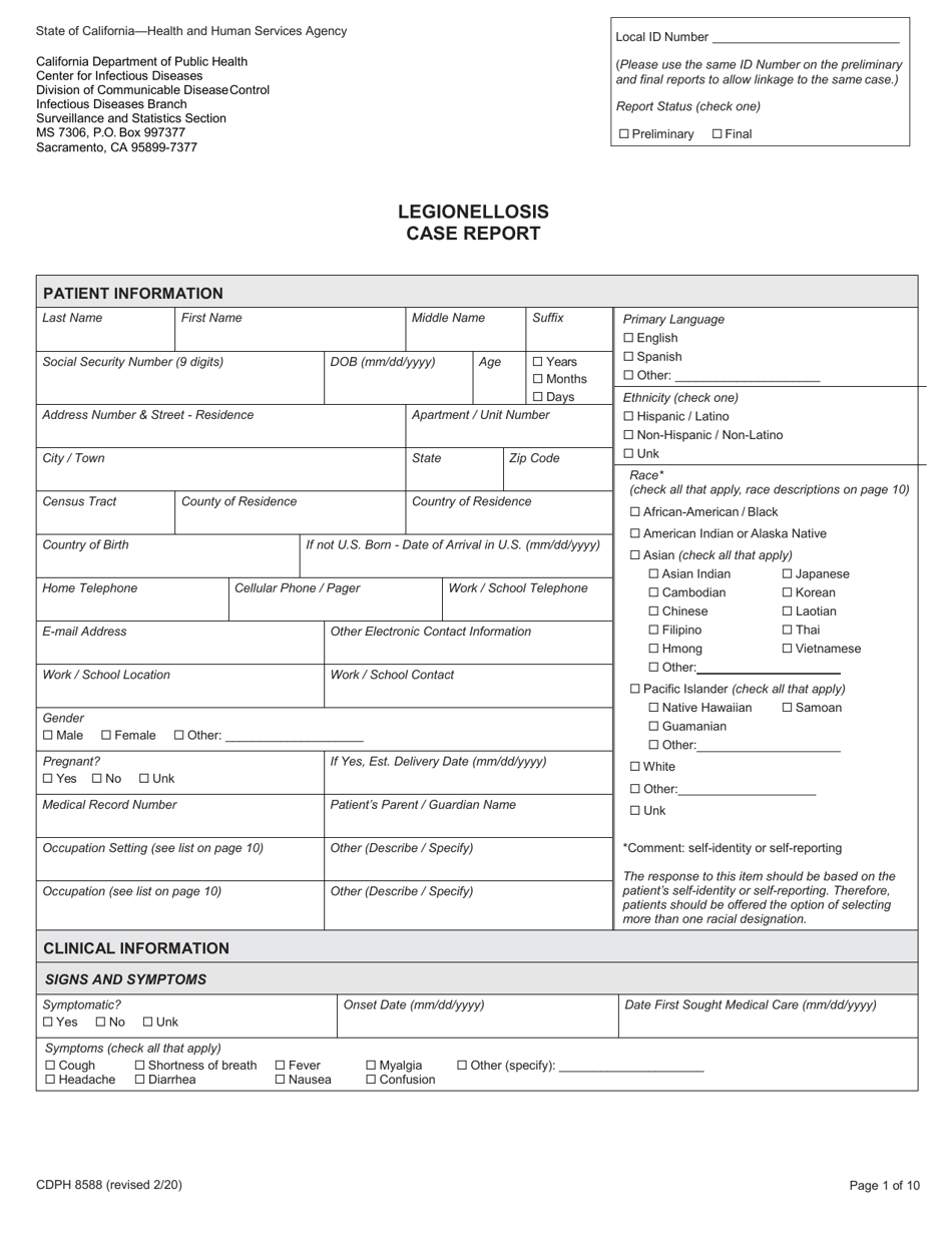 Form CDPH8588 legionellosis Case Report - California, Page 1