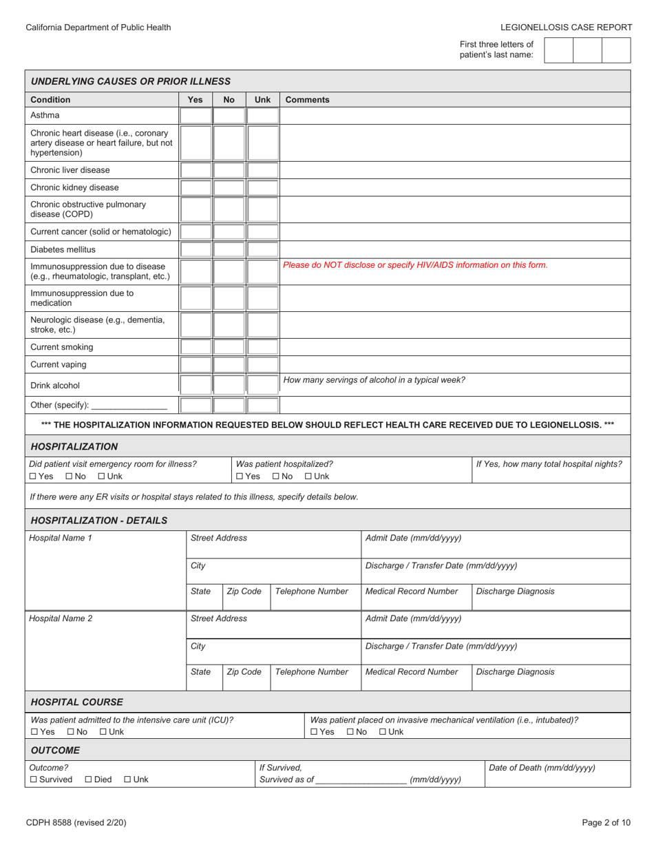 Form CDPH8588 legionellosis Case Report - California, Page 2
