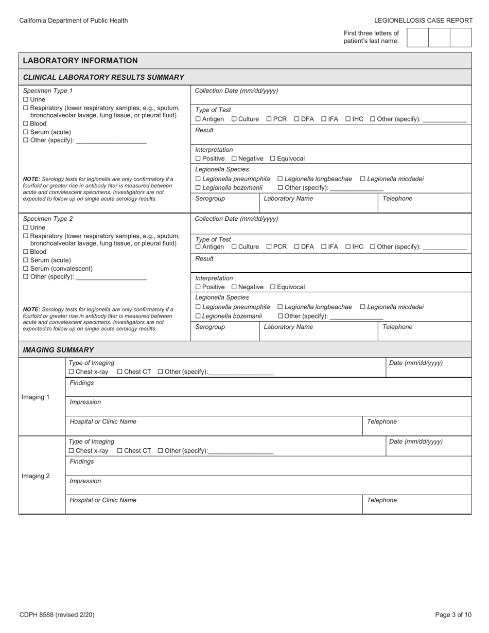 Form CDPH8588 legionellosis Case Report - California, Page 3