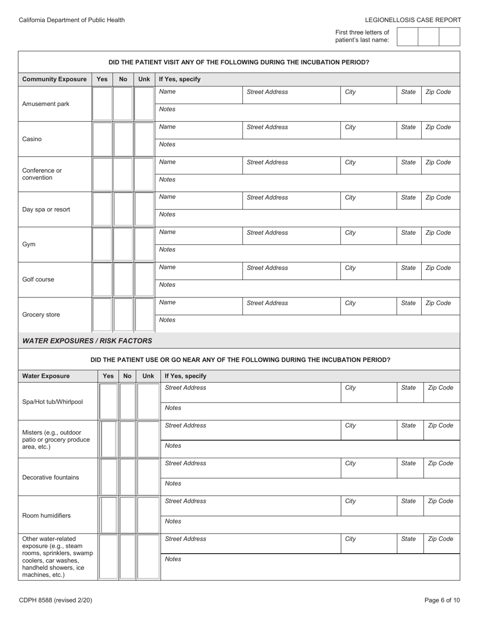 Form CDPH8588 legionellosis Case Report - California, Page 6