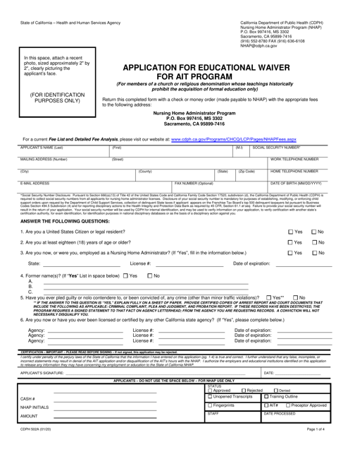 Form CDPH502A Application for Educational Waiver for Ait Program - California