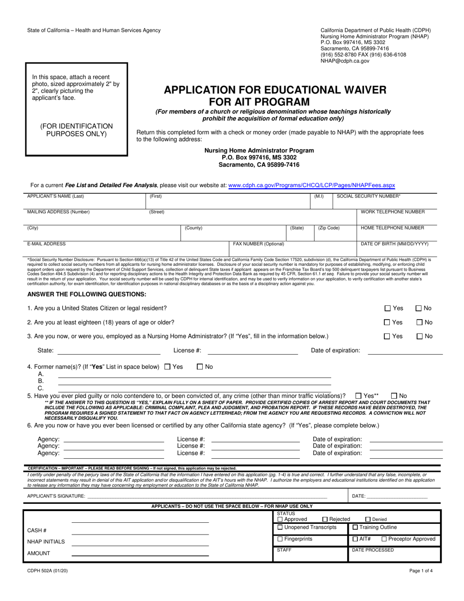 Form CDPH502A Application for Educational Waiver for Ait Program - California, Page 1