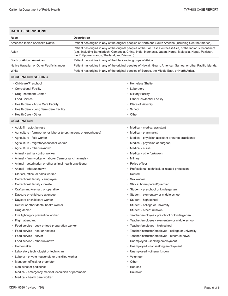 Form CDPH8580 Typhus and Other Non-spotted Fever Rickettsioses Case Report - California, Page 6