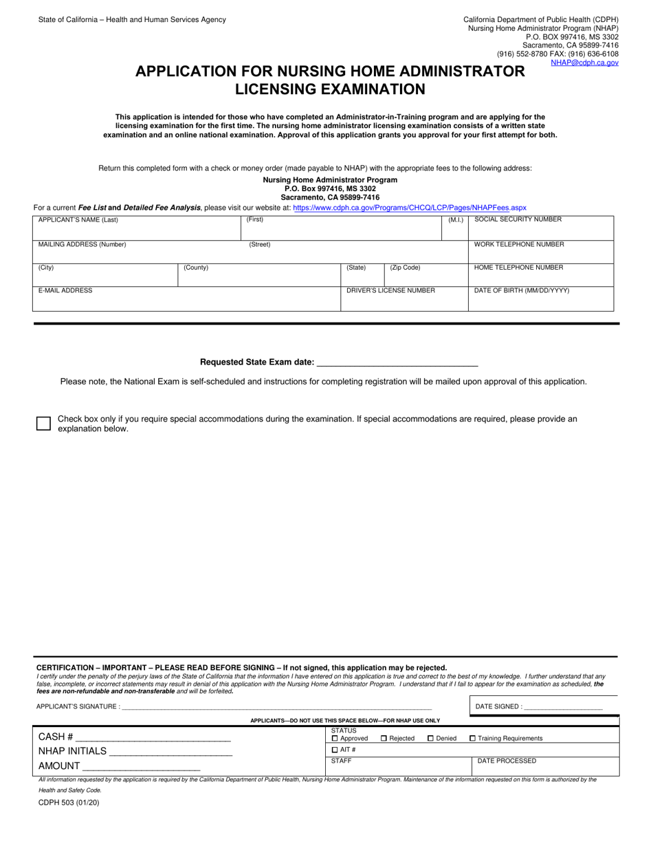 Form CDPH503 Application for Nursing Home Administrator Licensing Examination - California, Page 1