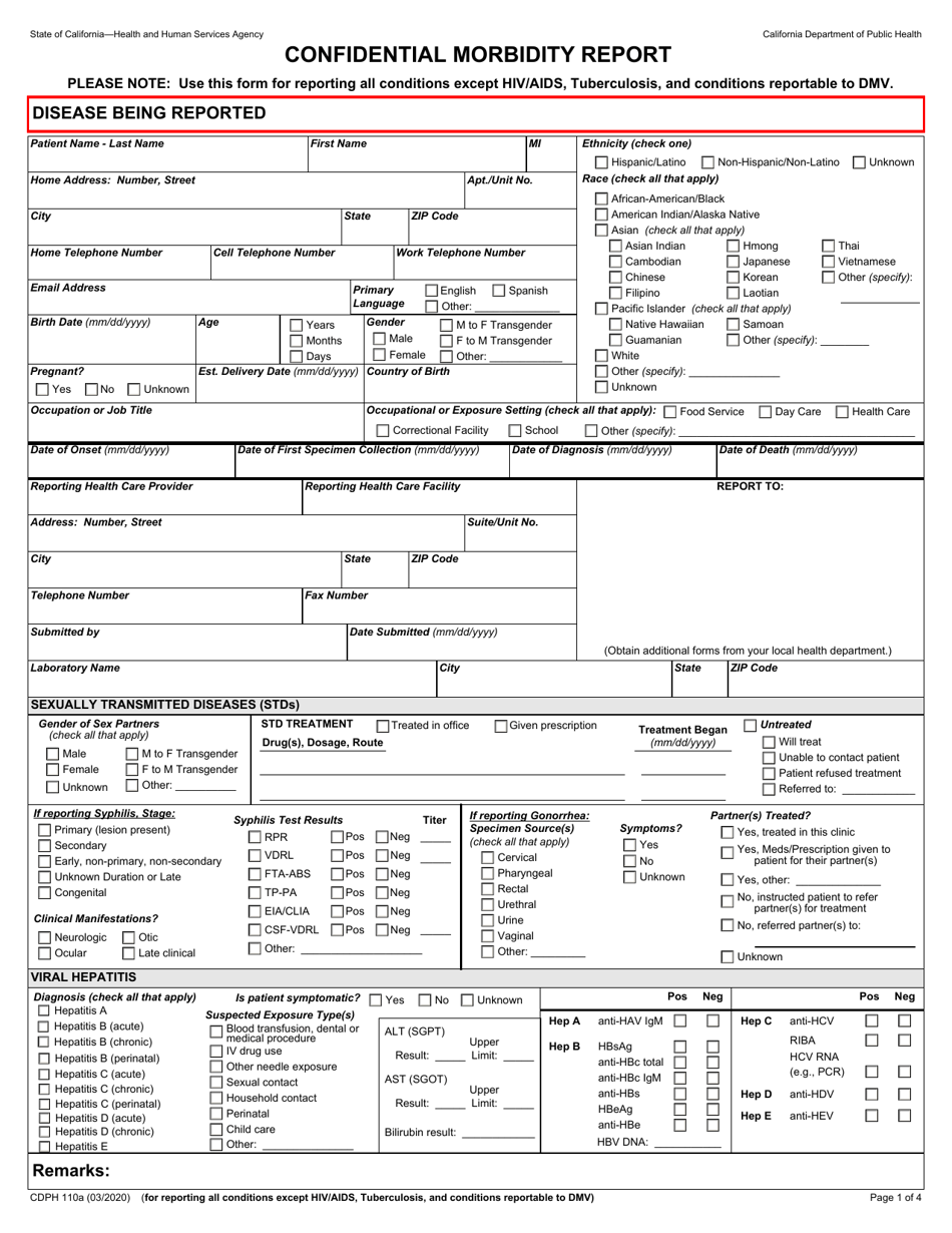 Form CDPH110A confidential Morbidity Report (Cmr) - California, Page 1