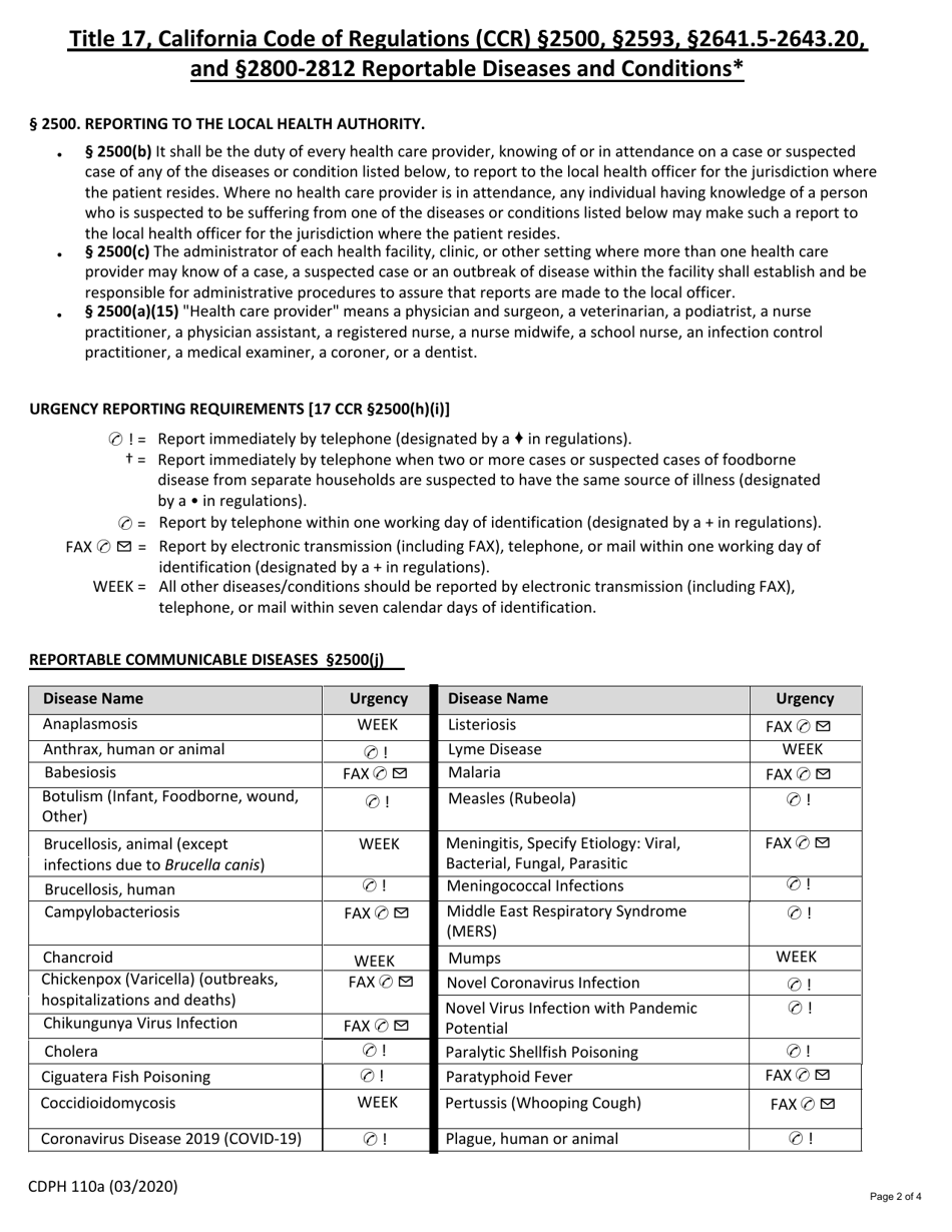 Form CDPH110A confidential Morbidity Report (Cmr) - California, Page 2
