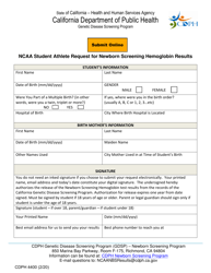 Form CDPH4400 &quot;NCAA Student Athlete Request for Newborn Screening Hemoglobin Results&quot; - California