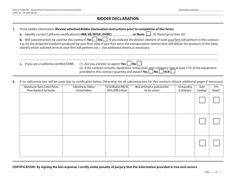 Form GSPD-05-105 Bidder Declaration - California