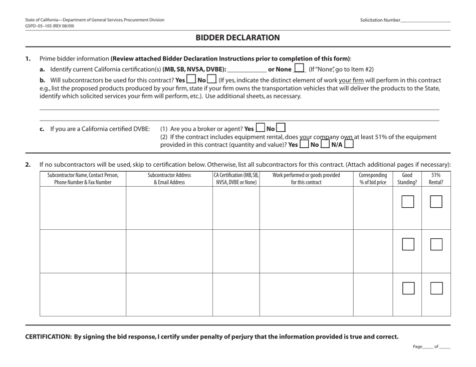 Form GSPD-05-105 Bidder Declaration - California, Page 1