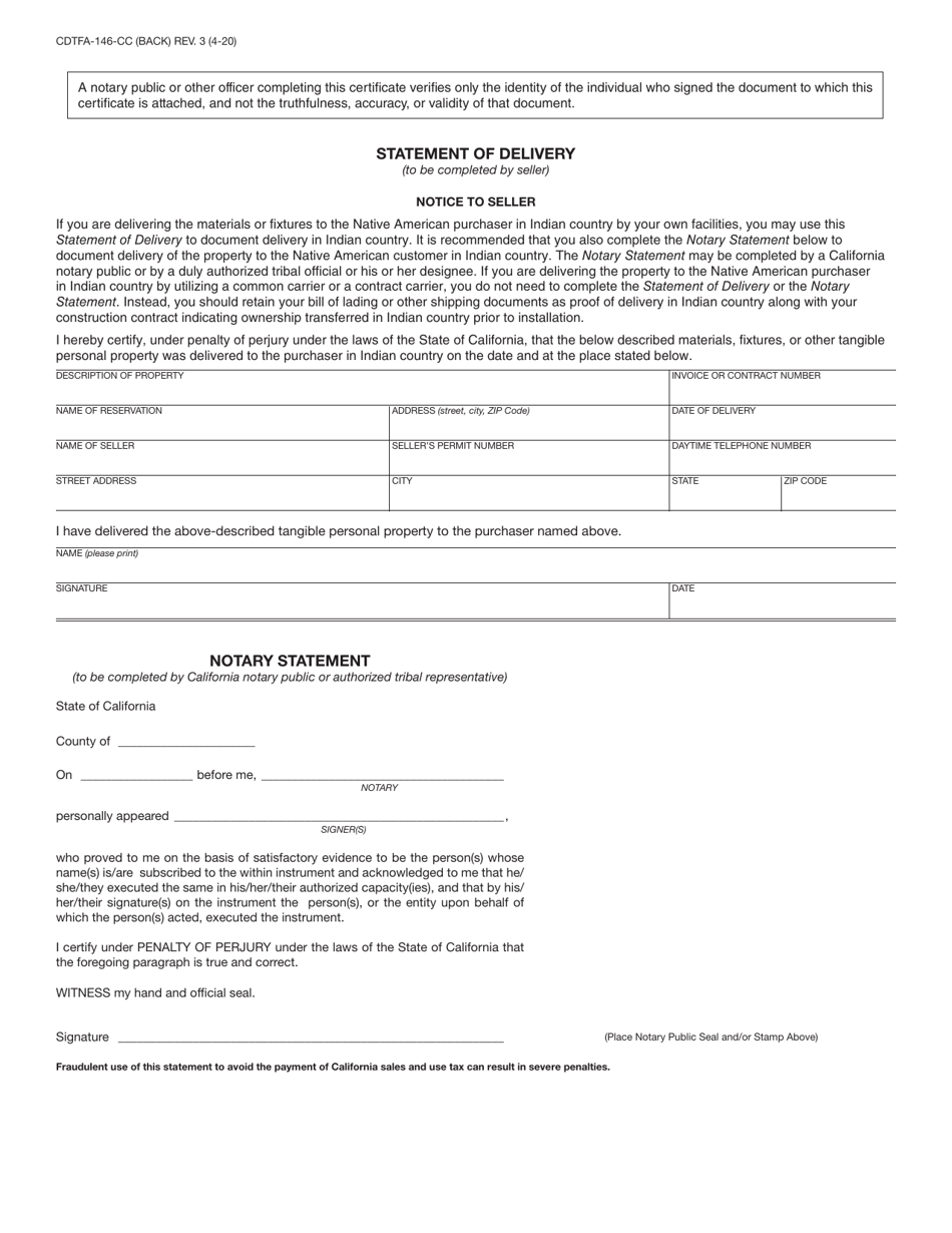 Form CDTFA-146-CC Construction Contract Exemption Certificate and Statement of Delivery in Indian Country - California, Page 2