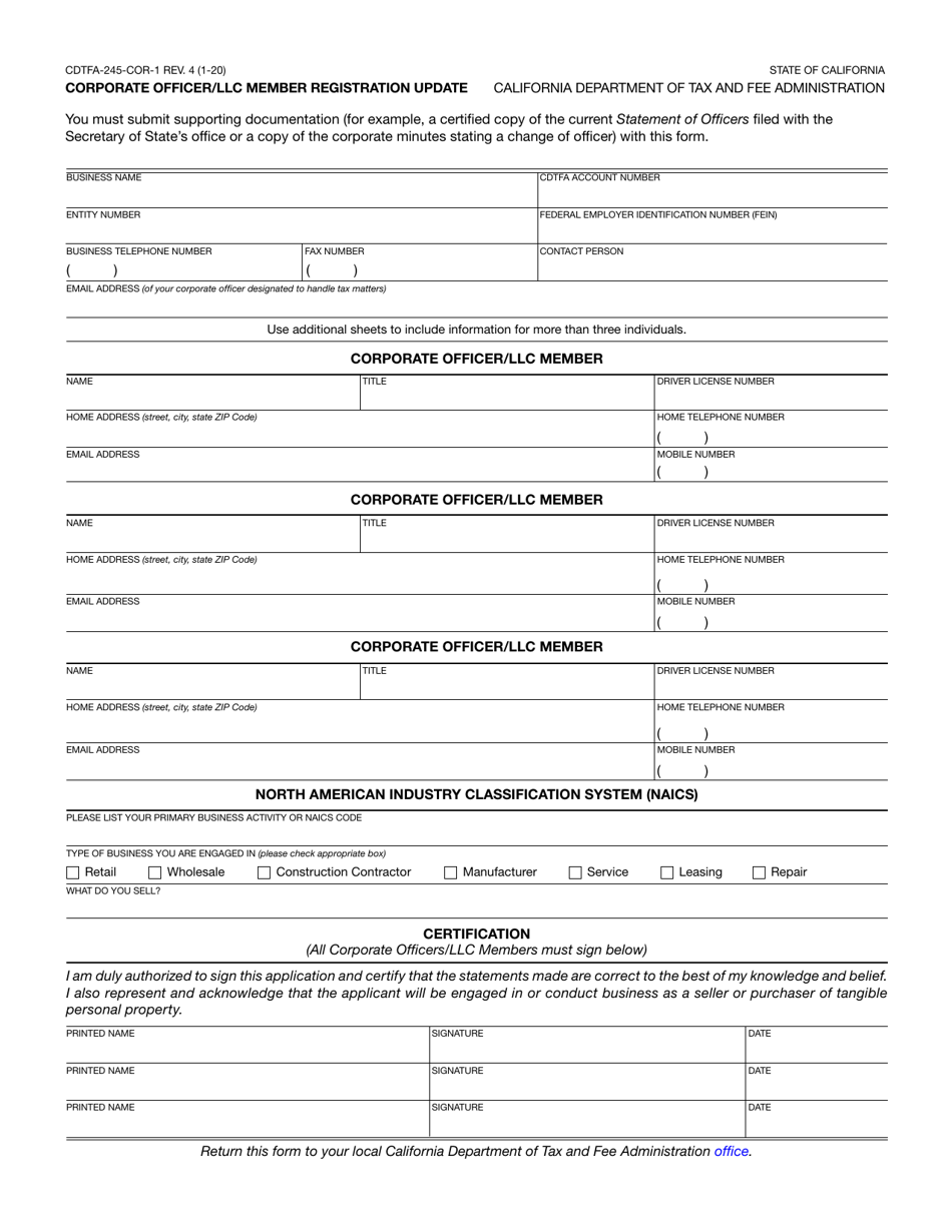 Form CDTFA-245-COR-1 Corporation Officer / LLC Member Registration Update - California, Page 1