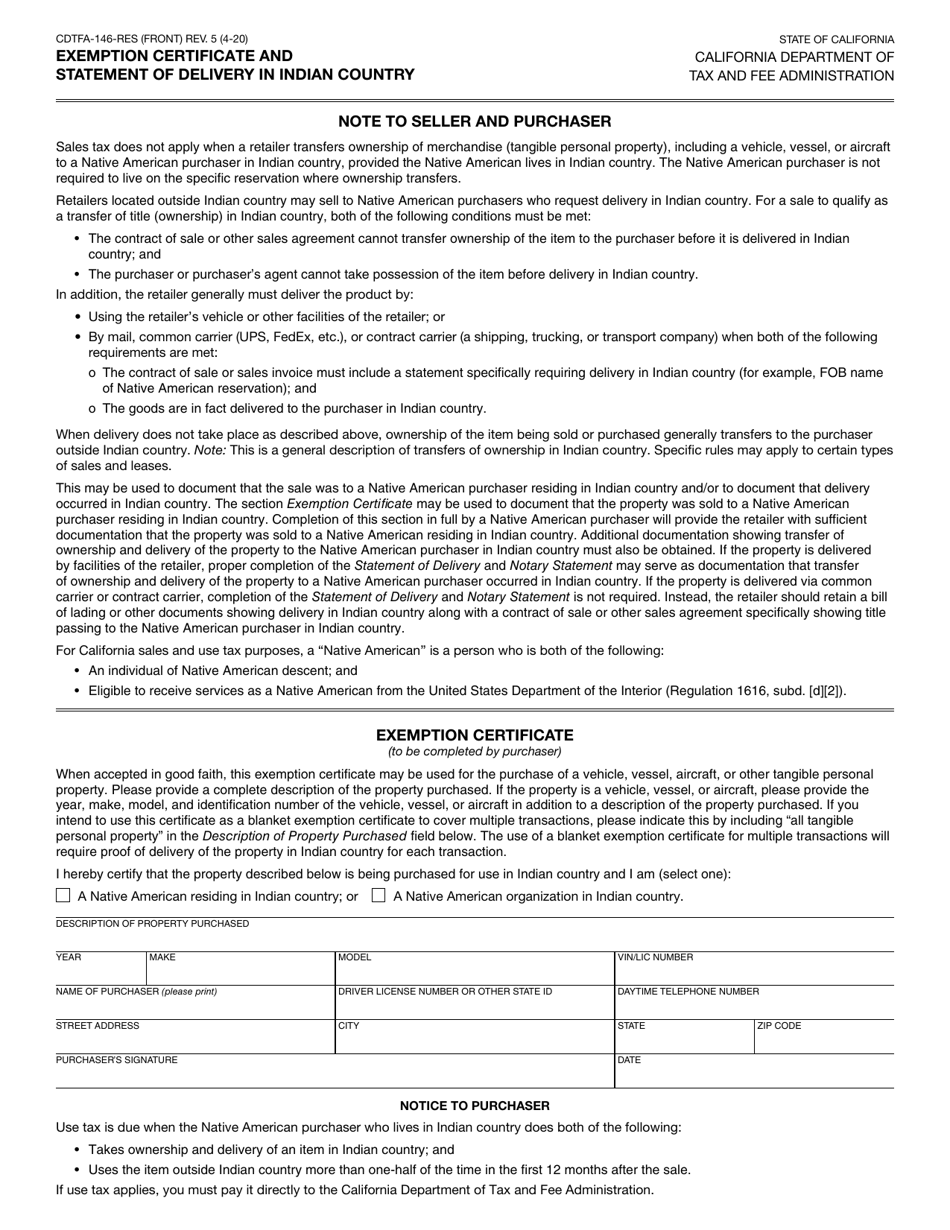 Form CDTFA-146-RES Download Fillable PDF or Fill Online Exemption ...