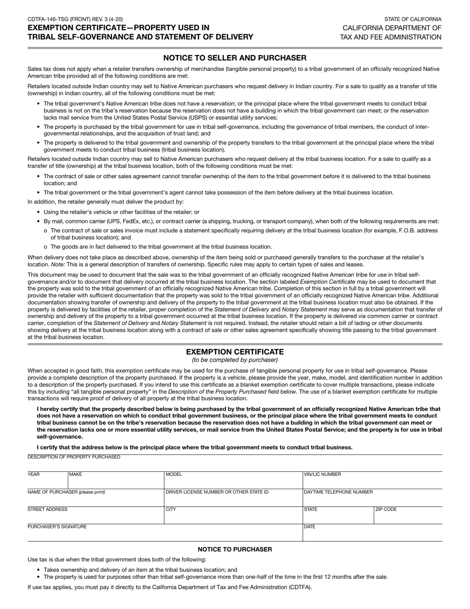 Form CDTFA-146-TSG Exemption Certificate - Property Used in Tribal Self-governance and Statement of Delivery - California, Page 1