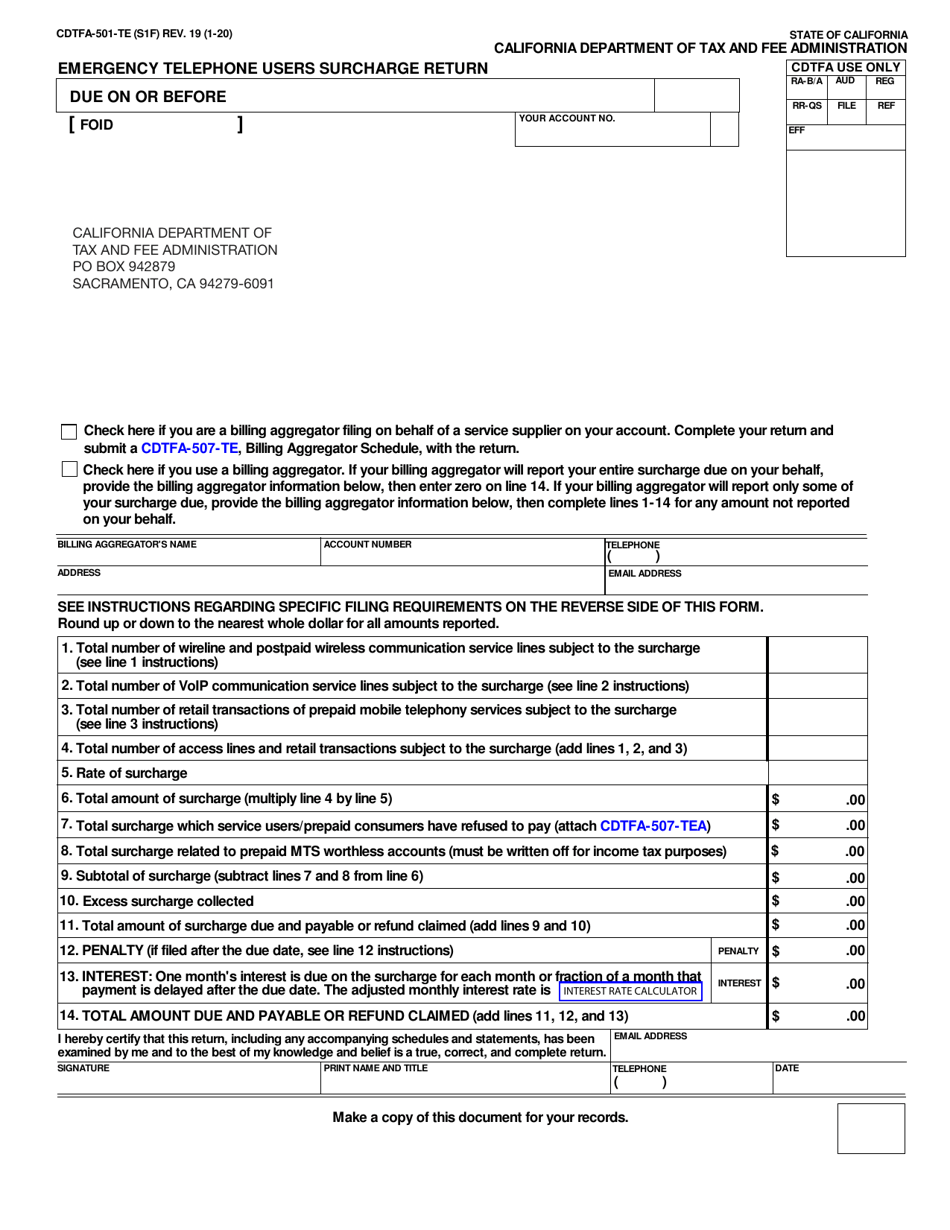 Form CDTFA-501-TE Emergency Telephone Users Surcharge Return - California, Page 1