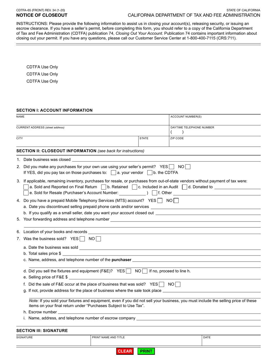 Form CDTFA-65 Notice of Closeout - California, Page 1