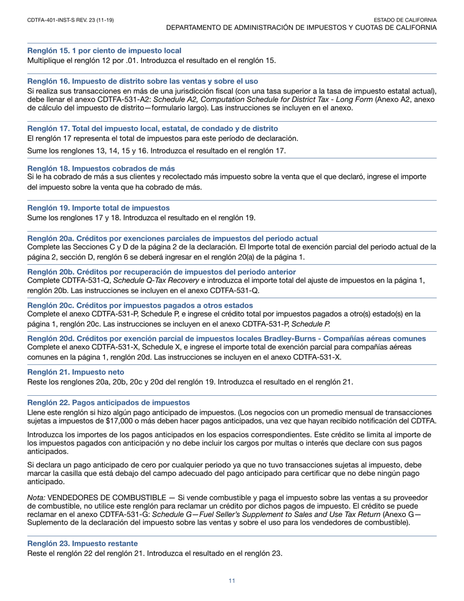 Instrucciones para Formulario CDTFA-401-A-S Declaracion De Impuesto Sobre Las Ventas Y Sobre El Uso Estatal, Local Y De Distrito - California (Spanish), Page 11