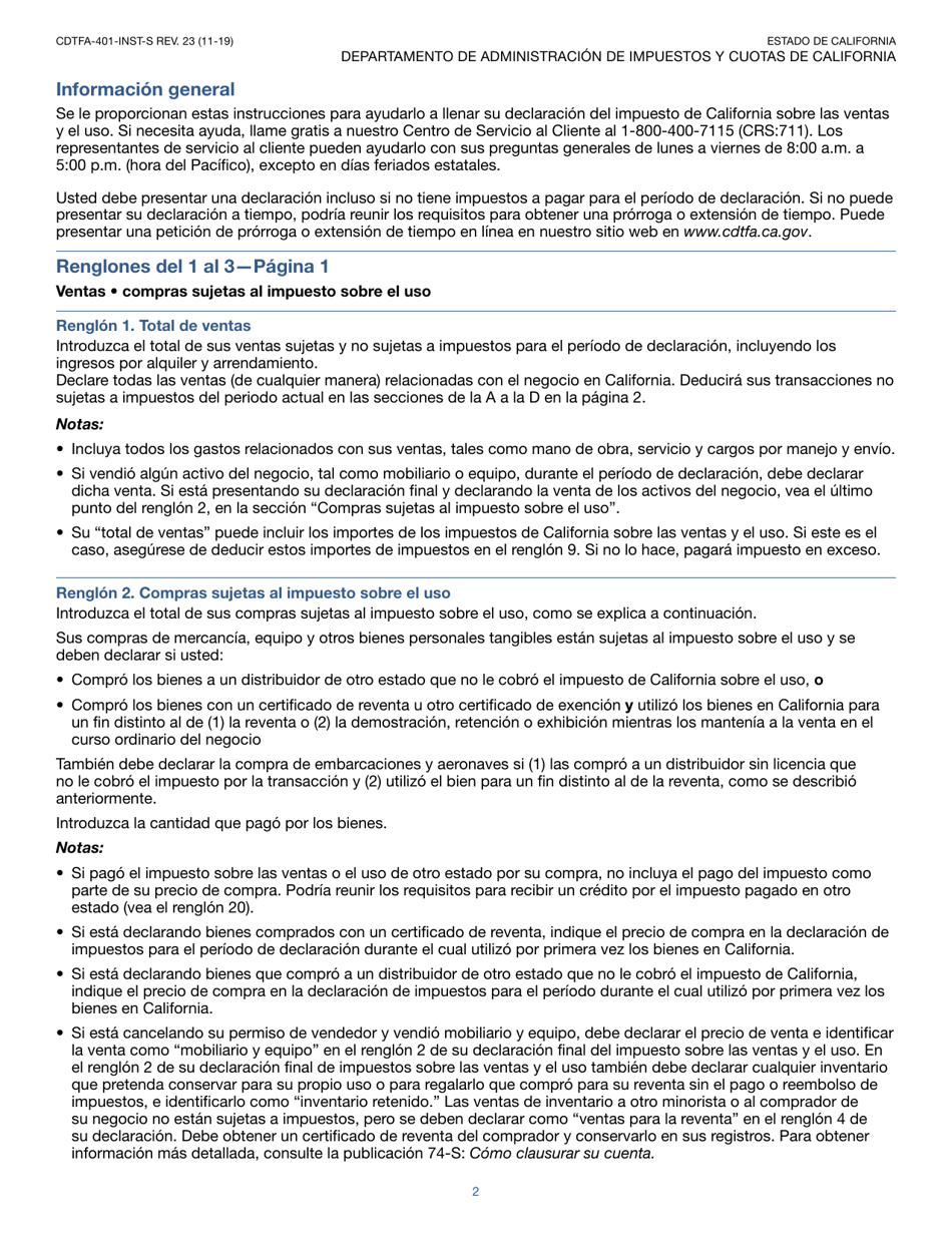 Instrucciones para Formulario CDTFA-401-A-S Declaracion De Impuesto Sobre Las Ventas Y Sobre El Uso Estatal, Local Y De Distrito - California (Spanish), Page 2