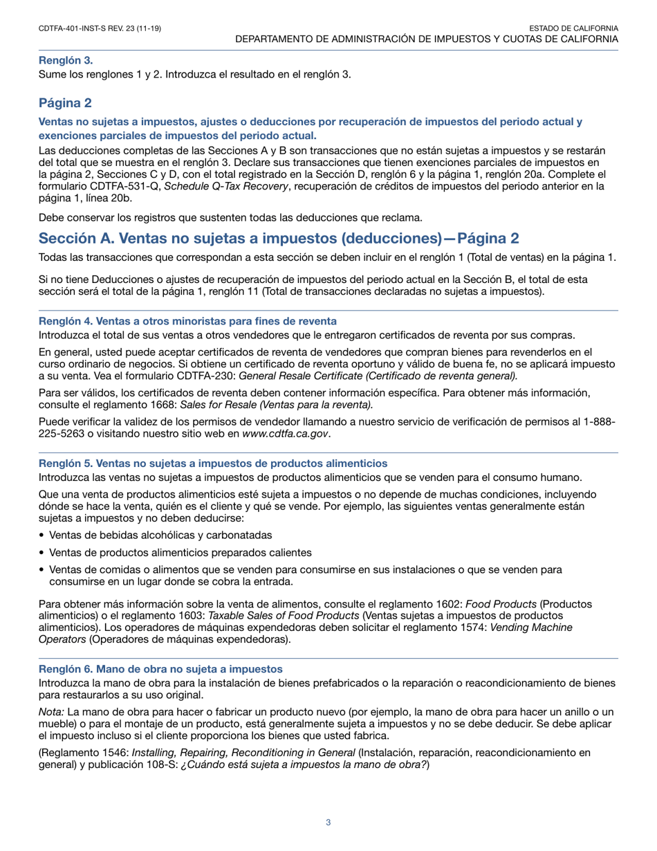 Instrucciones para Formulario CDTFA-401-A-S Declaracion De Impuesto Sobre Las Ventas Y Sobre El Uso Estatal, Local Y De Distrito - California (Spanish), Page 3